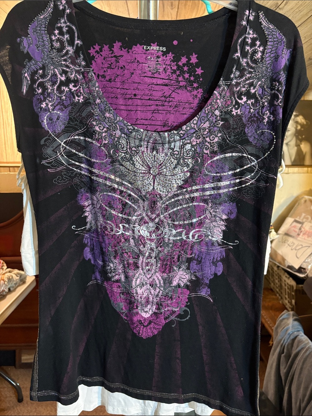 Express Black & Purple Graphic 💎 Gem Scoop Neck Top EUC